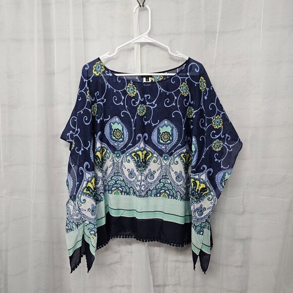Talbots Blue Green Peasant Blouse Silk Blend Boho Festival Retro L - Picture 8 of 10